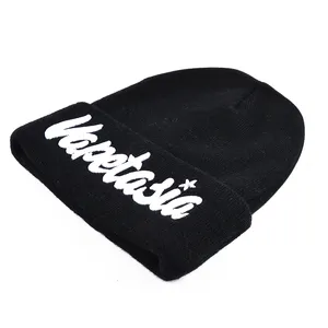 Topi kupluk katun hitam rajut musim dingin beanie nelayan kustom bordir untuk dewasa