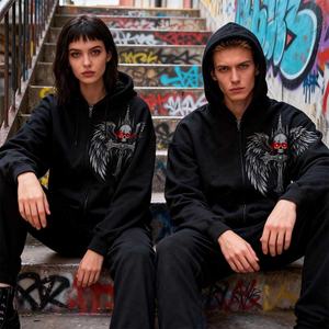 เสื้อฮู้ดดี้โอเวอร์ไซส์ผ้าฝ้ายลายกราฟิกปี 2026 พร้อมซิป  ลายพิมพ์ DTG รูปหัวกะโหลก ปีก และกากบาท สไตล์โกธิค ดาร์ก สตรีทแวร์  ลายกราฟิกสุดเท่ - Product Image 4