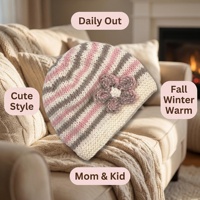 Gorro de Invierno para Bebé de Punto Suave 100% Algodón - Patrón a Cuadros - Detalle de Flor Cosido a Mano en 3D - Diseño Dibujado a Mano - Gorro de Ganchillo Ajustable