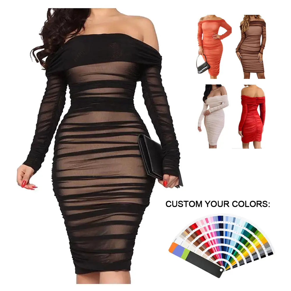 Shipping Today Ruched Off Shoulder Long Sleeve Knee Length Bodycon Dress Club Party Midi Women Plus Size Women's Casual Dresses
