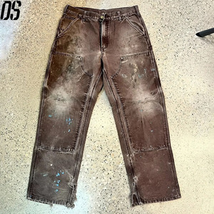 <span class=keywords><strong>Pantaloni</strong></span> in tela di cotone effetto vintage con doppia ginocchiera stile carpentiere, finitura con lavaggio sporco e macchie, alta qualità per abbigliamento outdoor - Product Image 1