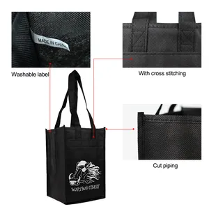 Vente en gros de sacs à vin portables pour 4 bouteilles par le fabricant, sacs à provisions non tissés en RPET à poignée lettre, taille moyenne (30-50cm)