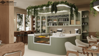 Meubles commerciaux modernes personnalisés Retron, éclairage LED, imperméables, écologiques, présentoirs de comptoir uniques pour café, designs de boutiques 3D