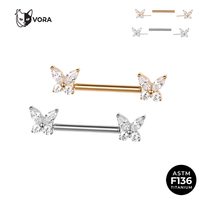 En stock : Piercing de nombril en Titane ASTM F136, finition Or PVD, Zircon Cubique, 16G, sans filetage, à poussoir, motif papillon, minimaliste, bord lisse