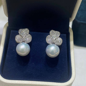 S925 <b>Silver</b> Three Leaf Clover <b>Earrings</b> 11-12mm High Luster Edison Pearl <b>Drop</b> <b>Earrings</b> Near Round Slight Blemish Pearl Jewelry - Product Image 1