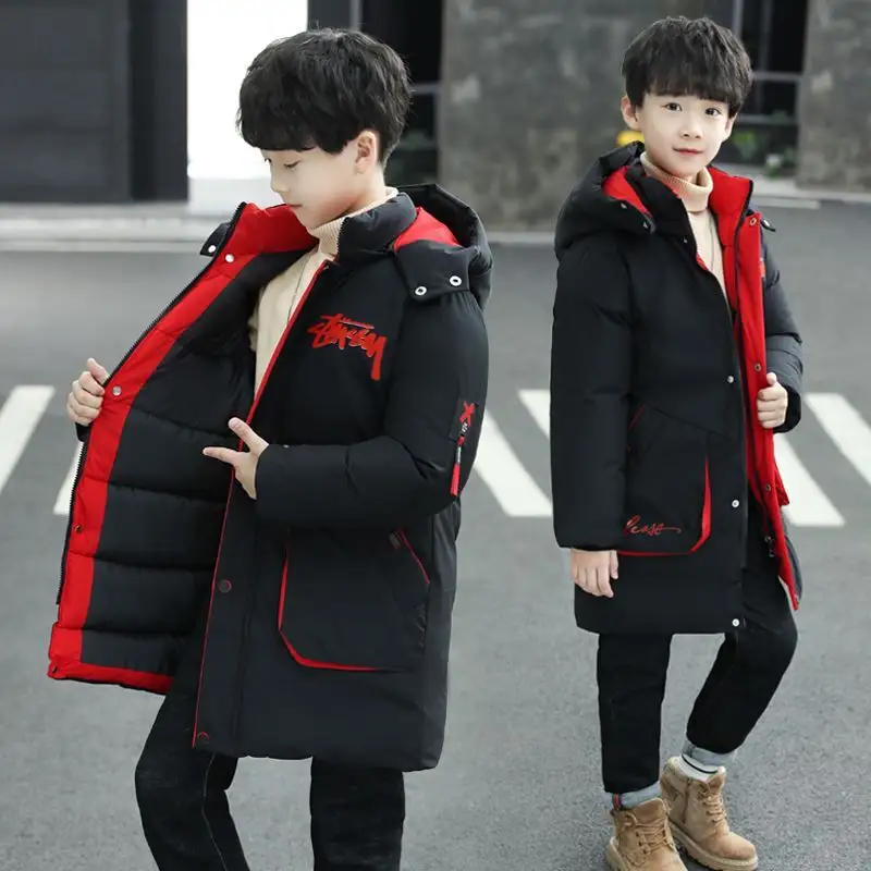 OEM Kids Winter Clothing Boys Long Coat Girls Clothes Faux Fur Collar Snowsuit Blue Outerwear Parka For Teen-agers