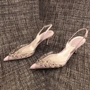 Wholesale Shiny Rhinestone Designer Sandals fashion High Heels Summer Slipper Transparent Clear High Heels for Ladies Shoes