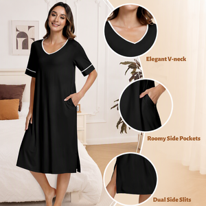 [Offerta Speciale] Camicia da <span class=keywords><strong>Notte</strong></span> in Viscosa <span class=keywords><strong>di</strong></span> Bambù per Donna, con Tasche, Scollo a V, Maniche Corte, Traspirante per Sudorazioni Notturne - Product Image 1