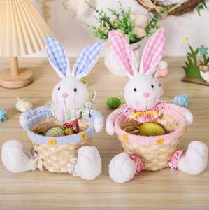 DAMAI Wholesale Easter Decor Cartoon Plaid Fabric Rabbit Doll Candy Woven Basket Creative Tabletop Decoration Centerpiece - Product Image 2