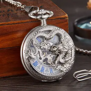 Vintage çift taraflı çin ejderha paslanmaz çelik gümüş mekanik cep saati erkekler için FOB zincir kolye erkek saatler