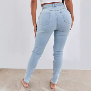 Plus Size Women's Skinny <b>Jeans</b> Light Blue High <b>Elasticity</b> High <b>Waist</b> Trousers Europe And America Style - Product Image 2