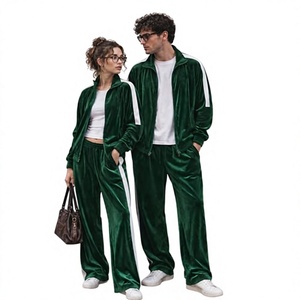 Veste de survêtement en velours vert pour homme avec rayures blanches, fermeture éclair sur toute la longueur, manches longues, col rabattu, couleur unie, tenue décontractée d'automne - Product Image 5