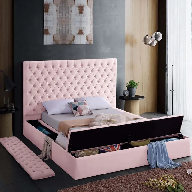 Licht Luxe Europese Ontwerp Slaapkamer Meubels Roze Fluwelen Stof Houten Hoofdeinde Queen King Size Bed Met Opslag
