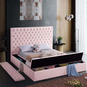 Luz de luxo design europeu móveis rosa de tecido veludo, placa de cabeça de madeira queen king size cama com armazenamento