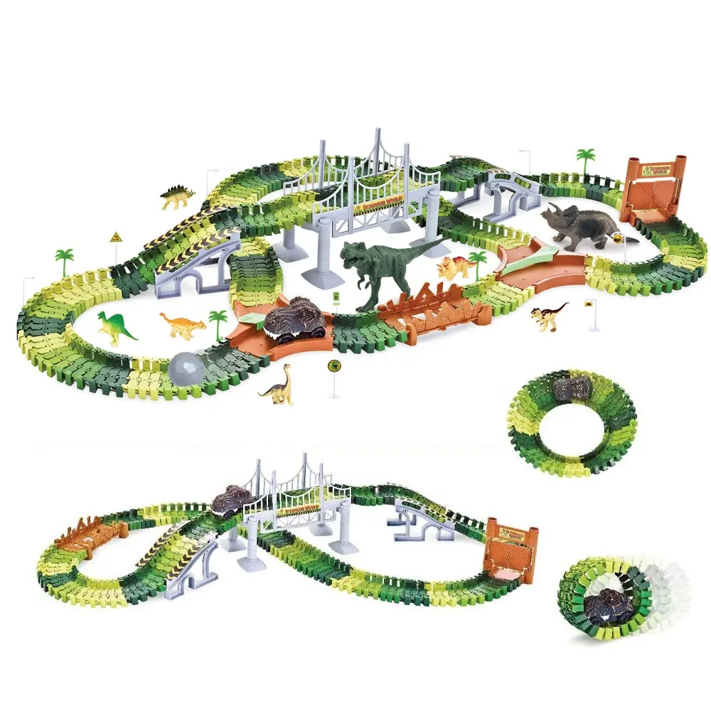 Juego de pista eléctrica de dinosaurios para niños, 216 unidades, pista de juegos flexible para niños