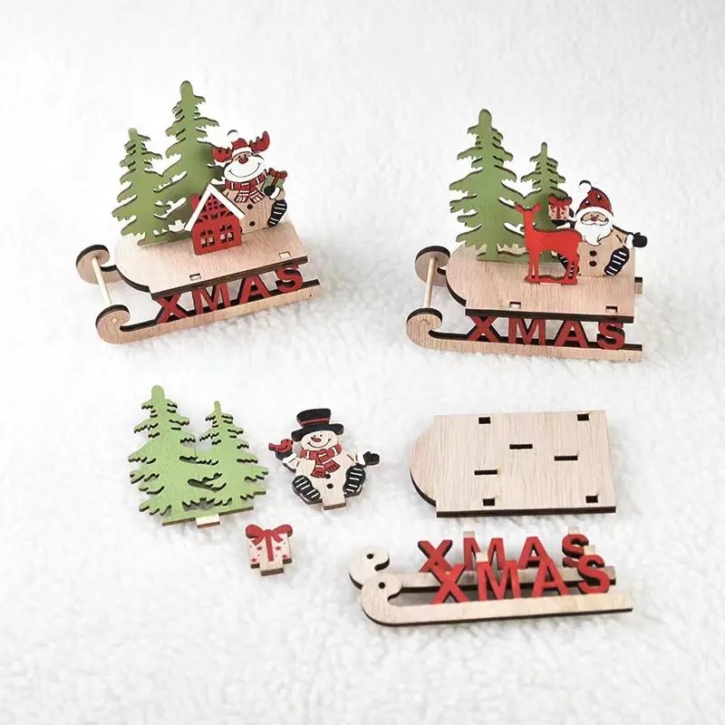 Cartoon Christmas Decorations Gift Santa Clause Wooden Sleigh skiing For Children's Gifts