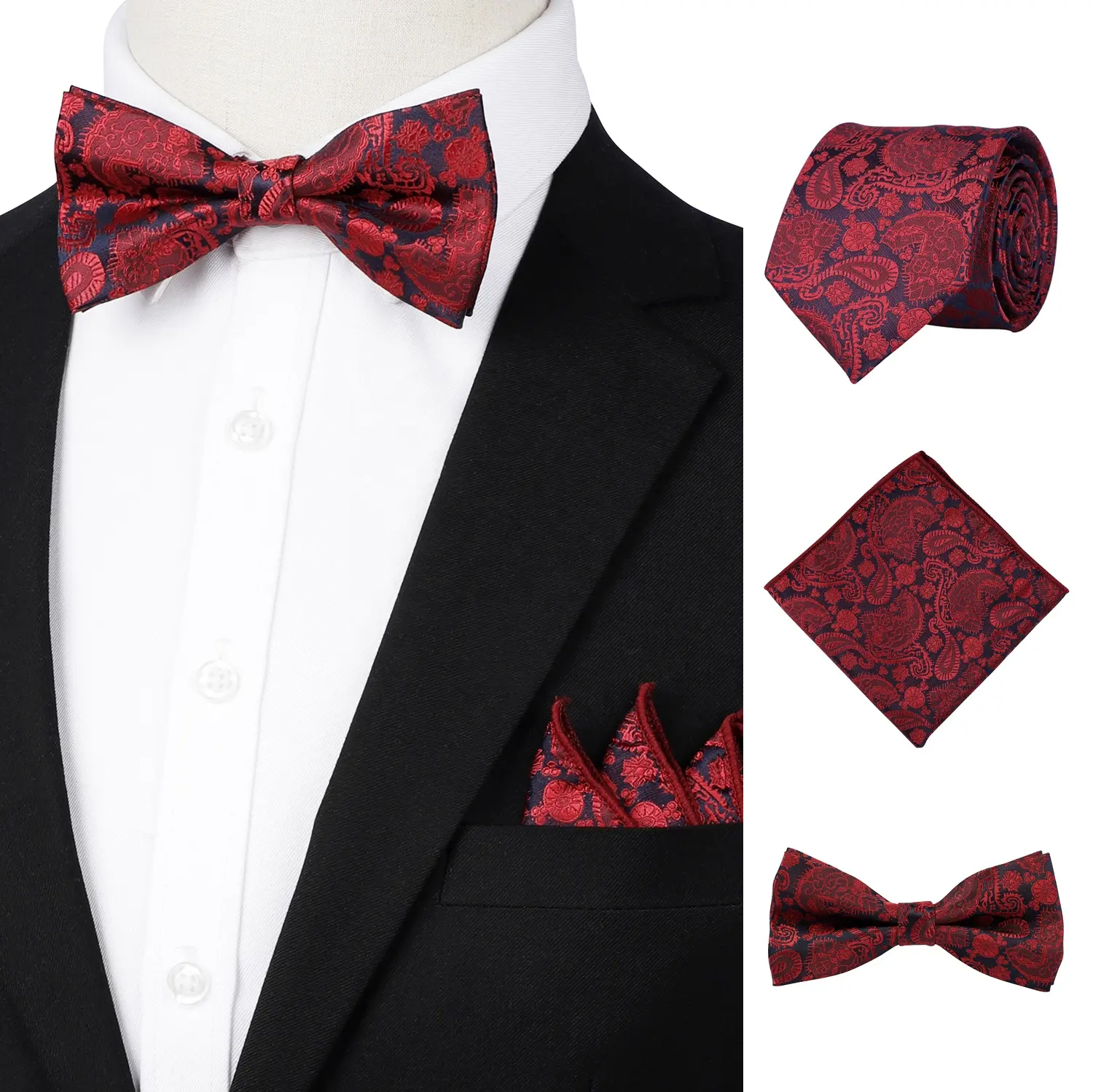 New Mens Necktie Sets Tie and Pocket Square Bow Tie Set 3 pcs Bowtie Set Stripe Mens Red Neck Ties and Handkerchief Man Gift