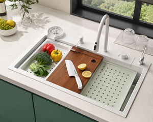 Lavello da Cucina a Vasca Singola Profonda 22cm con Rubinetto a Cascata Estraibile, Kit Accessori 13 Pezzi, Acciaio Inossidabile 304, Bianco - Product Image 1