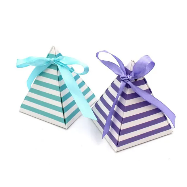 Caja de embalaje de pirámide de papel a rayas, caja de recuerdo de joyería de Navidad rosa, baratija, bolsas de té, caja de embalaje de pirámide de papel