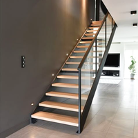 Escalier d'intérieur moderne flottant avec lumière LED, rampe droite en verre pour appartement, sous-sol, escalier d'intérieur préfabriqué en bois