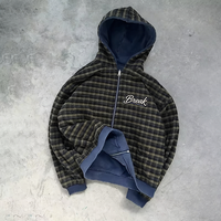 Sweat à capuche zippé personnalisé pour fabricants, effet délavé à l'acide, double couche, réversible, à carreaux, coupe courte et carrée, double face, veste zippée