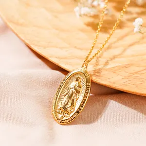 Toptan hediye dini meryem kolye Charm kolye özel Oval şekil paslanmaz çelik altın hıristiyan takı