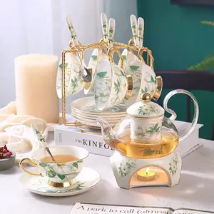 De gros thé pot en verre base-Théière en verre bouillie, style floral, pour thé ou café, anglais de l'après-midi, avec Base chauffante et bougies