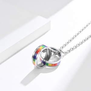 Unisex Double <b>Ring</b> Rainbow Flag <b>Necklace</b> Stainless Steel Pendant Gift Jewelry - Product Image 3