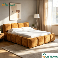 Vente en gros Lit de rangement rembourré à profil bas en velours nuage jaune moutarde, avec coussinets cubiques, taille double et très grande, pour chambre et villa
