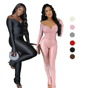 Autumn Two Pieces Leggings set Bodycon Crop Top Flared Pant Set Polyester Glossy Sexy Club Night Party Outfits Women's Set