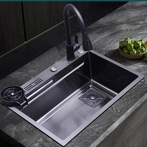 Évier de cuisine tout-en-un en acier inoxydable nano 304 avec robinet cascade et porte-couteaux intégré - Product Image 6