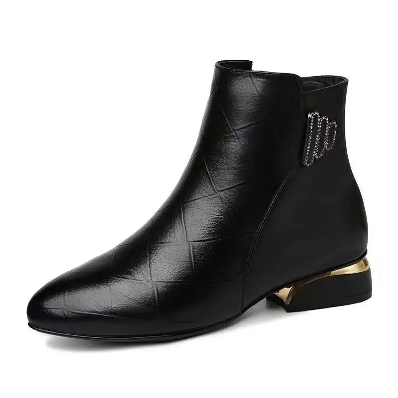 2022 Women Leather Trendy Low Heel Ladies Pump Dress Shoes Soft Black Waterproof Ankle Boots Women Boots