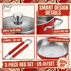 Moderne rode 3-delige roestvrijstalen pannenset met siliconen handgrepen: melkpan 18cm, sauspan 22cm, braadpan 24cm, geschikt voor inductie en gas. - Product Image 6