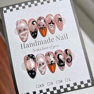 Unghie Finte Quadrate Artigianali a Mandorla, Nere e Arancioni, con Ragnatela e Pipistrello, Riutilizzabili, Copertura Completa, per <span class=keywords><strong>Donna</strong></span> - Edizione Halloween - Product Image 3
