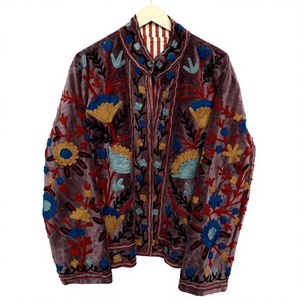 Chaqueta de terciopelo bordada multicolor hecha a mano para mujer, cuello mandarín, manga larga, patrón geométrico, ropa de otoño - Product Image 1