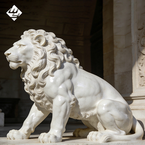 Escultura de León Sentado Hecha a Mano con Piedra Natural Europea, León Guardián de Mármol Puro, Decoración Artística Occidental para Jardín o Parque - Product Image 1