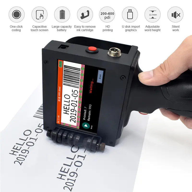 Портативный ручной струйный принтер 600 точек/дюйм с сенсорным цветным экраном с импортным чернильным картриджем, струйный принтер для этикеток с сенсорным экраном