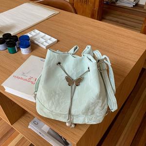 Mint Green Bucket Bag For Women Soft Polyester <b>Drawstring</b> <b>Backpack</b> With Pearl Charm Summer 2024 Everyday Use - Product Image 2