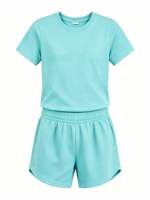 Ensemble décontracté 2 pièces pour enfants, couleur unie, t-shirt à manches courtes à col rond et short à taille élastique, tenue de détente pour enfants