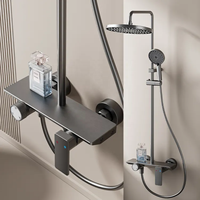 Système de douche thermostatique en aluminium spatial avec étagère, affichage numérique de la température, ensemble de douche murale à effet pluie, gris anthracite