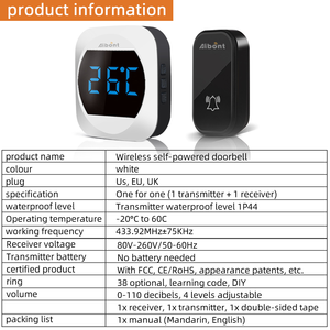 Nuovo <span class=keywords><strong>Campanello</strong></span> Intelligente Autoalimentato con Funzione di Temperatura, Controllo Remoto, per Casa e Ufficio, <span class=keywords><strong>Senza</strong></span> <span class=keywords><strong>Batteria</strong></span>, Bianco - Product Image 3