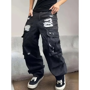 กางเกงยีนส์ผู้ชายสไตล์อเมริกัน ทรงหลวม ขากว้าง เอวกลาง ผ้าเดนิมสีเข้ม ขาดเซอร์ๆ แบบวินเทจ สำหรับฤดูหนาว - Product Image 3