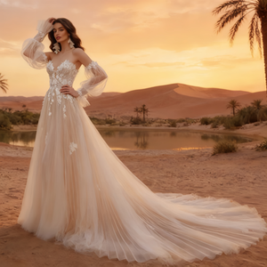Abito da sposa leggero stile boho taglie forti |   Abito Vintage in Pizzo con Spalle Scoperte per Fotografie all'Aperto e Matrimoni Semplici - Product Image 1