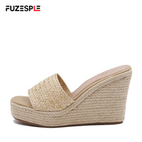 Sandales espadrilles pour femme à bout carré, talon compensé haut, plateforme, semelle épaisse antidérapante, dessus en paille, semelle extérieure en caoutchouc, été