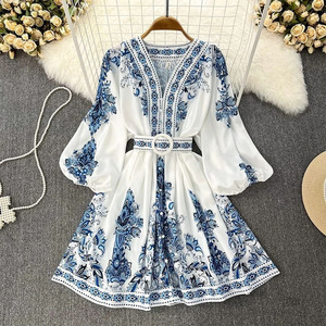 2024 alta qualità abito Vintage sottile Midi per le donne con scollo a V manica lunga stile impero stampato abiti bohémien - Product Image 2