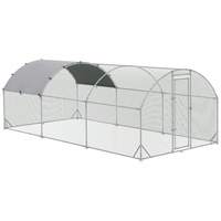 Grand poulailler moderne en métal avec enclos accessible, toit en dôme thermolaqué, fermeture à poussoir, emballé en boîte, cage extérieure pour animaux de compagnie