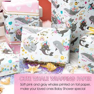 Whale Rainbow Ocean Theme Gift Wrapping <b>Paper</b> 17 Inch X 33 Feet Reversible For Baby Shower Birthday Pink Heart Design - Product Image 2