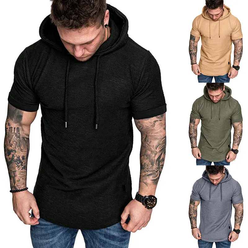 Summer Clothing 2022 Shirts For Men Fashion Casual Plain Fabric Short Sleeve Hoodie Drawstring Streetwear T-shirt