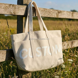 Tas Belanja Totebag Kanvas Katun Reusable dengan Pola Logo Putih Cetak Transfer Panas Kustom dan Kantong - Product Image 1