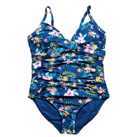 Maillot de bain une pièce bleu marine à imprimé floral Hibiscus, effet ventre plat, froncé sur le devant, orné de cristaux, écologique et antibactérien, style vintage